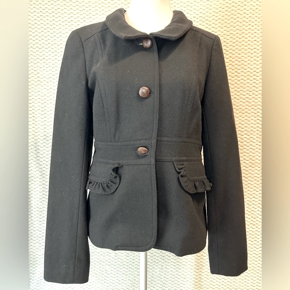 J. CREW women’s black wool jacket ruffle pockets circular collar feminine proper
